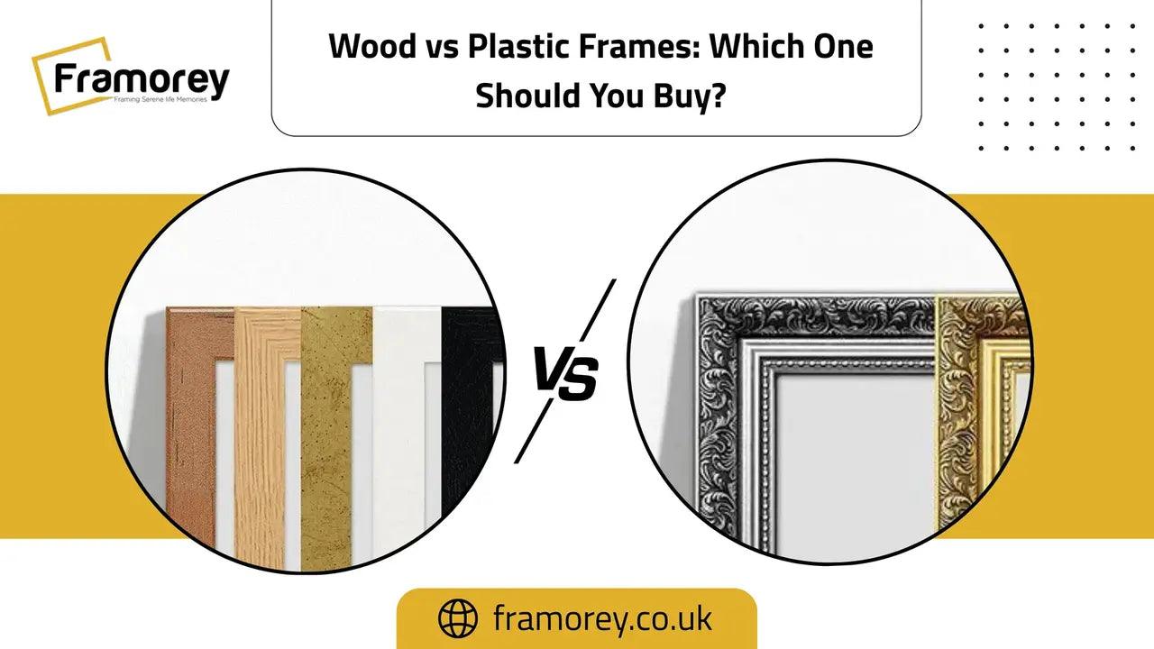 Wood vs Plastic Frame Which One should you Choose? Text and Frame corners of wood picture frame and also plastic picture frames are shown in this picture.