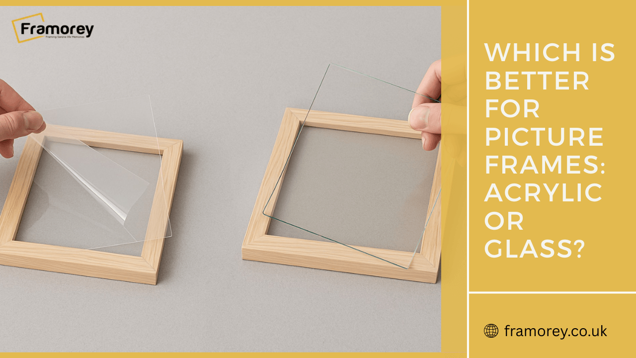 Two wooden frames one with glass and the other one is acrylic and some text about it that which is best