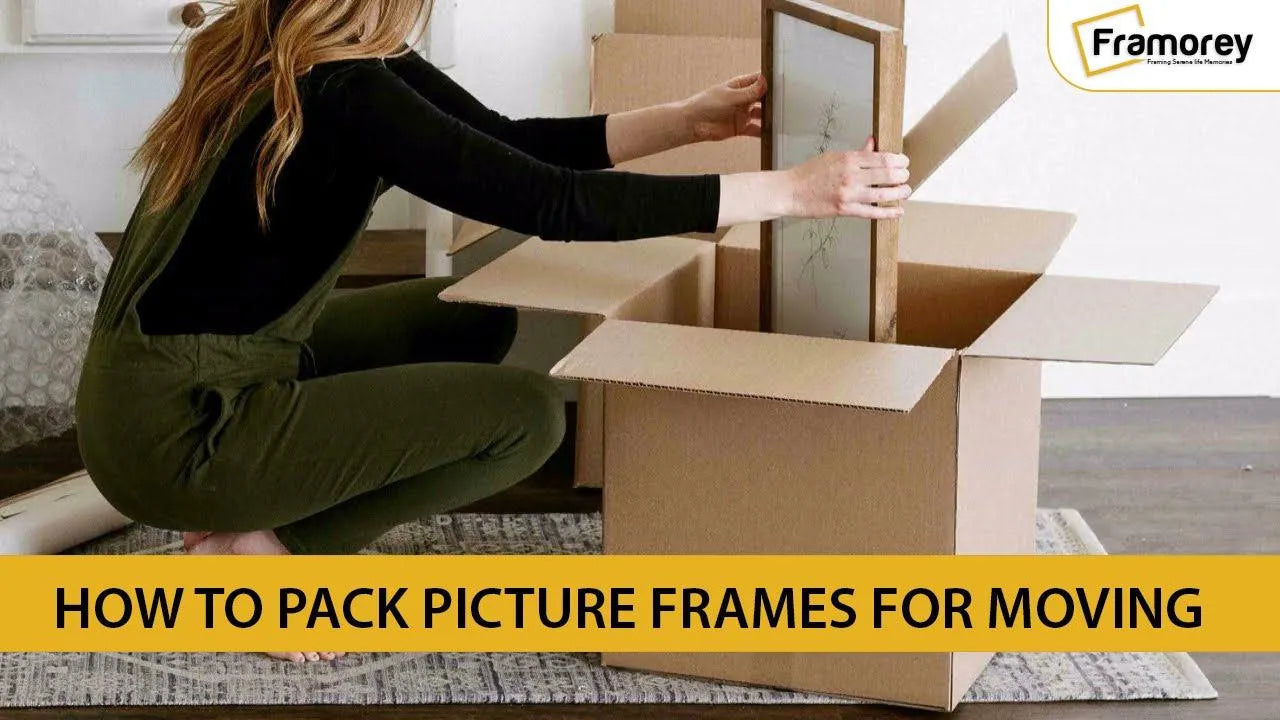 "How to pack a picture frame for moving" text and a lady is placing a picture frame into a packing box.