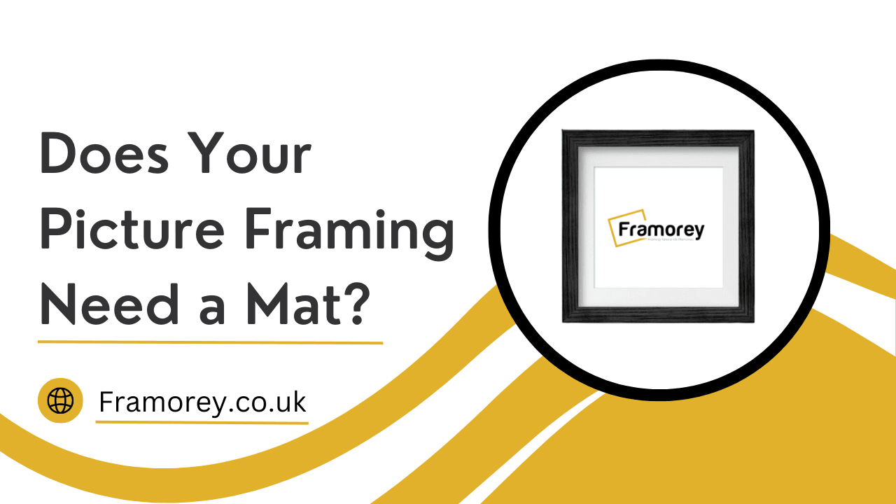 A frame with mat and A Framorey logo place inside the frame and some text like Does Your Picture Framing Need a Mat?