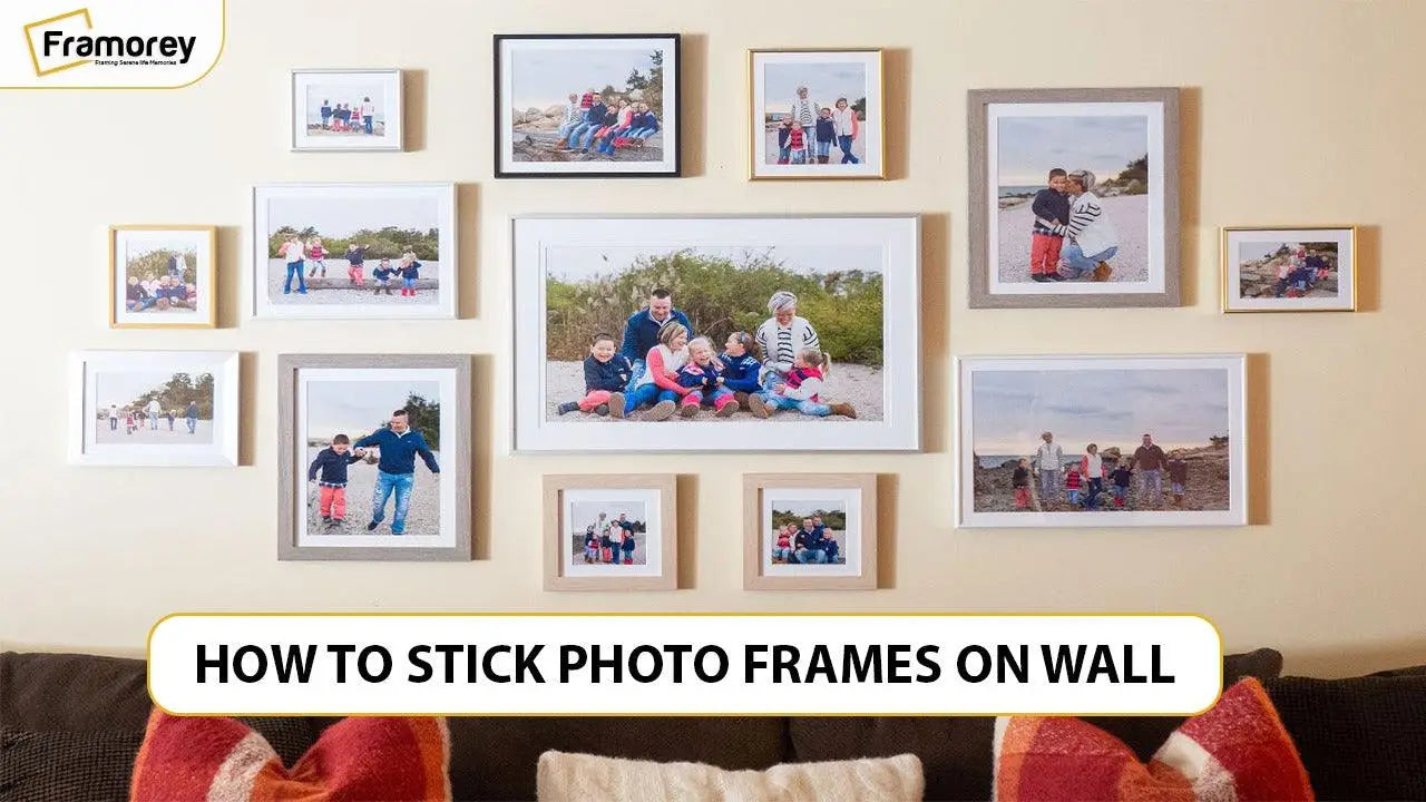 How to stick photo frame on wall text and 13 picture frames are hanging on a wall in this picture.