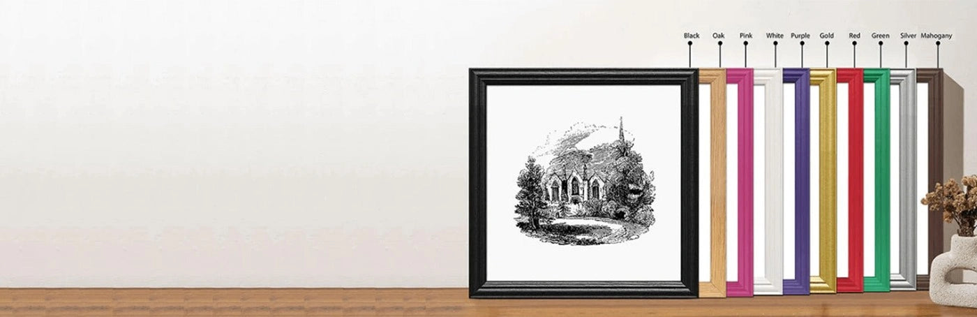 Multiple Picture Frames with Different Colors Are placed on a wooden surface, leaning with the wall.