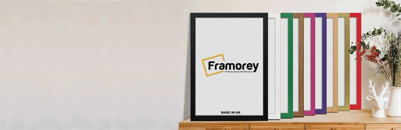 Multiple rectangular picture frames with different colors are placed on a wooden table with a Framorey logo place inside them.