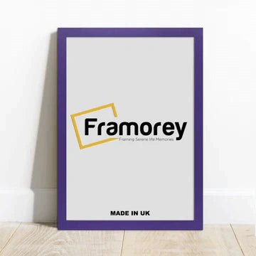 Purple Picture frame with a Framorey logo place inside the frame and the frame is standing with the wall on a wooden surface.